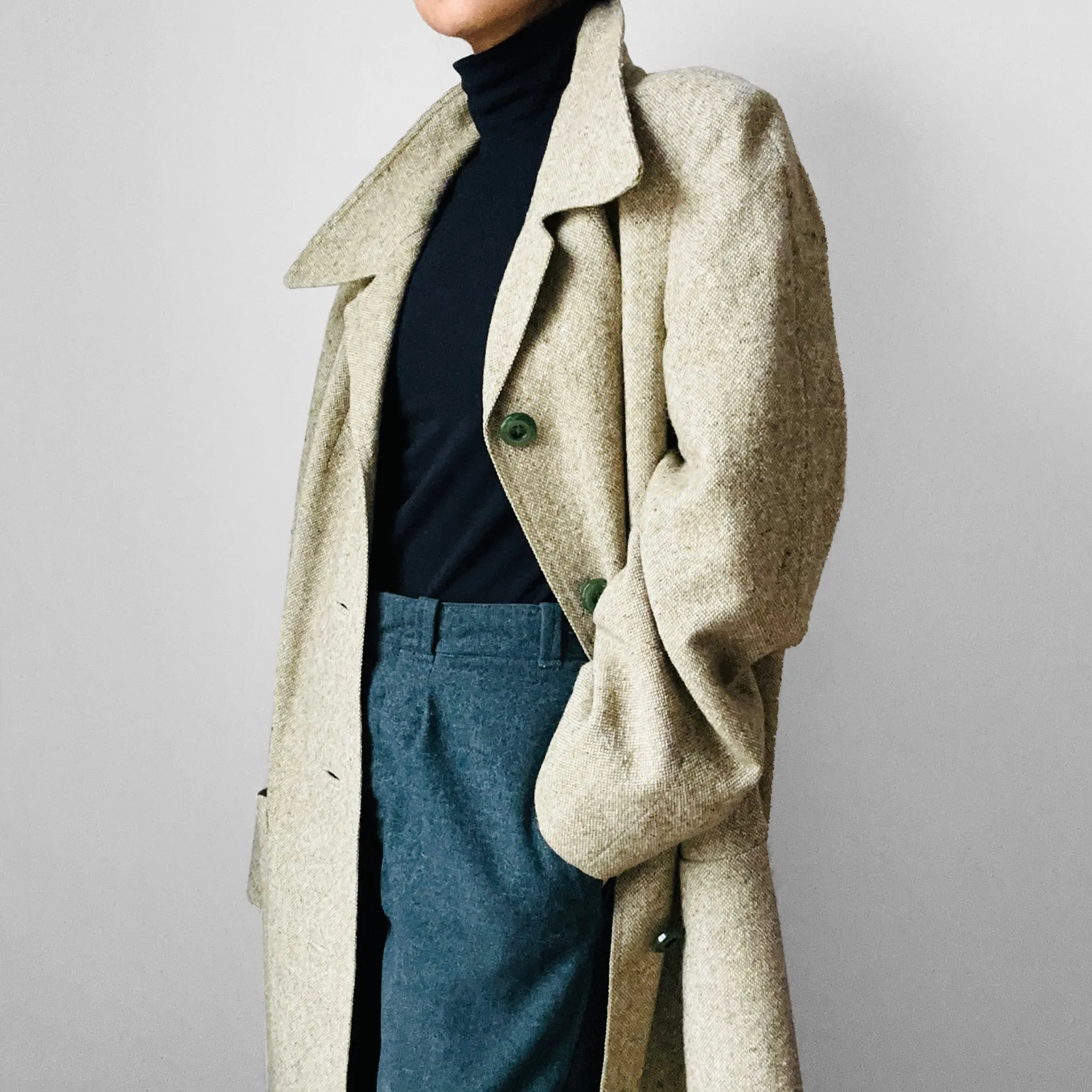 1960s Sage Green Wool Tweed Mid-Weight Overcoat - L/XL