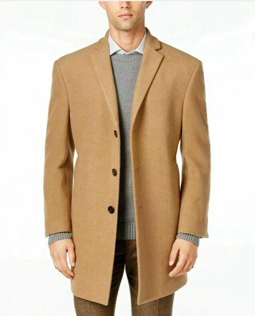 Calvin Klein Mens Slim fit Overcoat Coat 40 R Camel Brown Solid