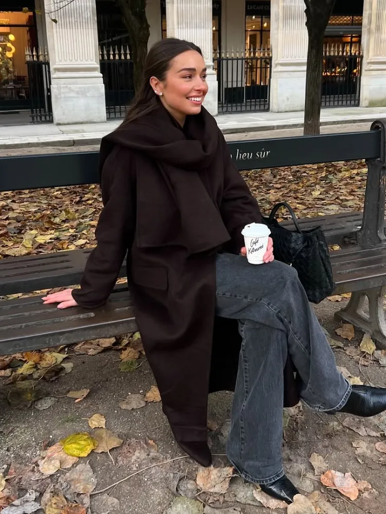 christmas outfit Sonicelife 2025 Elegant Solid Women's Double-faced Cape Coat Fashion Detachable Scarf Collar Flip Pockets Long Jacket New Chic Lady Outwear