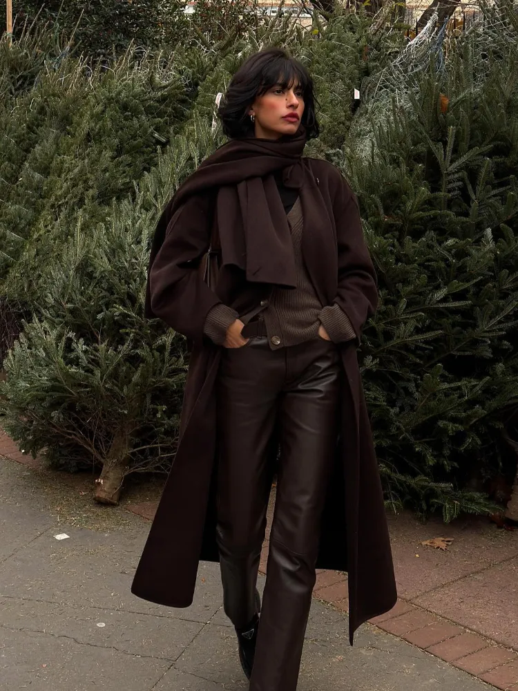 christmas outfit Sonicelife 2025 Elegant Solid Women's Double-faced Cape Coat Fashion Detachable Scarf Collar Flip Pockets Long Jacket New Chic Lady Outwear