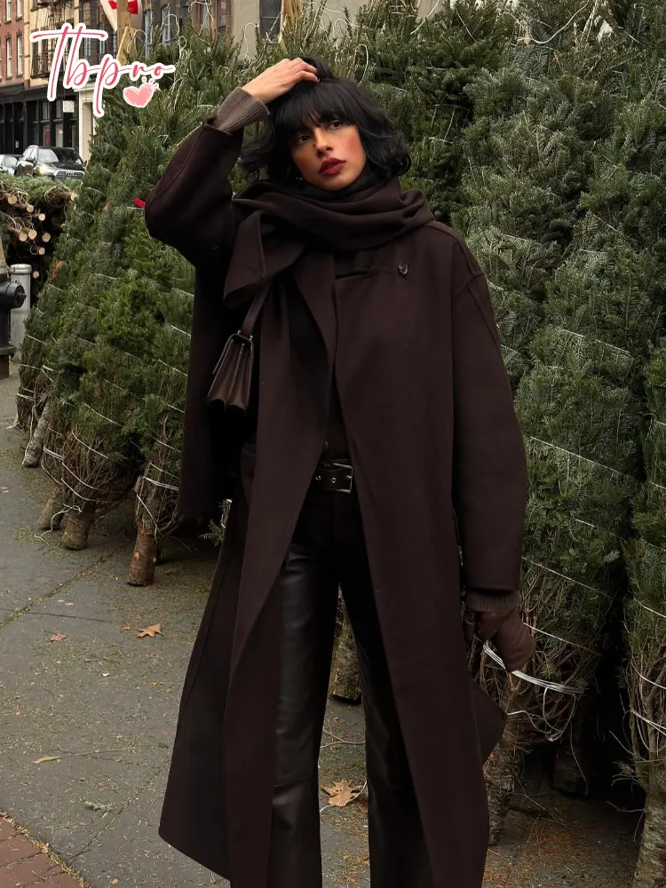christmas outfit Sonicelife 2025 Elegant Solid Women's Double-faced Cape Coat Fashion Detachable Scarf Collar Flip Pockets Long Jacket New Chic Lady Outwear