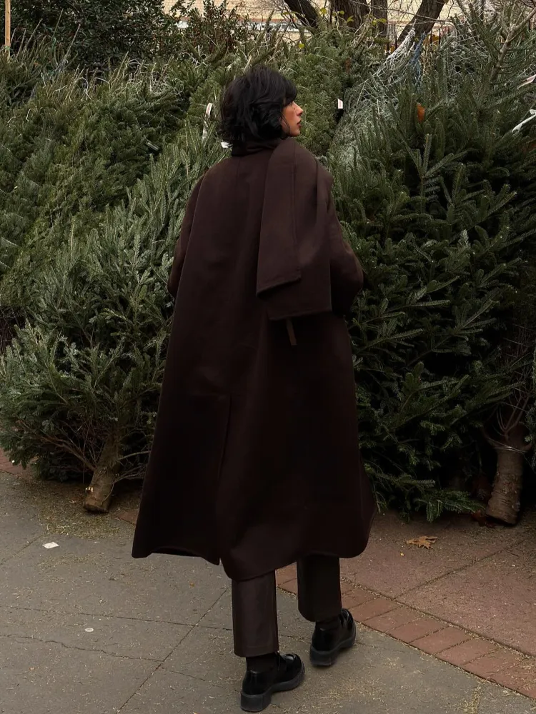 christmas outfit Sonicelife 2025 Elegant Solid Women's Double-faced Cape Coat Fashion Detachable Scarf Collar Flip Pockets Long Jacket New Chic Lady Outwear