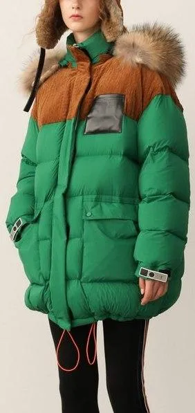 Color-Contrast Puffer Jacket with Removable Fur Hood