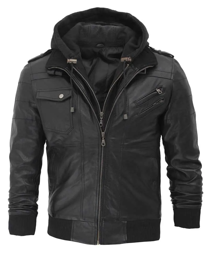 Edinburgh Mens Black Leather Jacket with Removable Hood