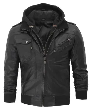 Edinburgh Mens Black Leather Jacket with Removable Hood