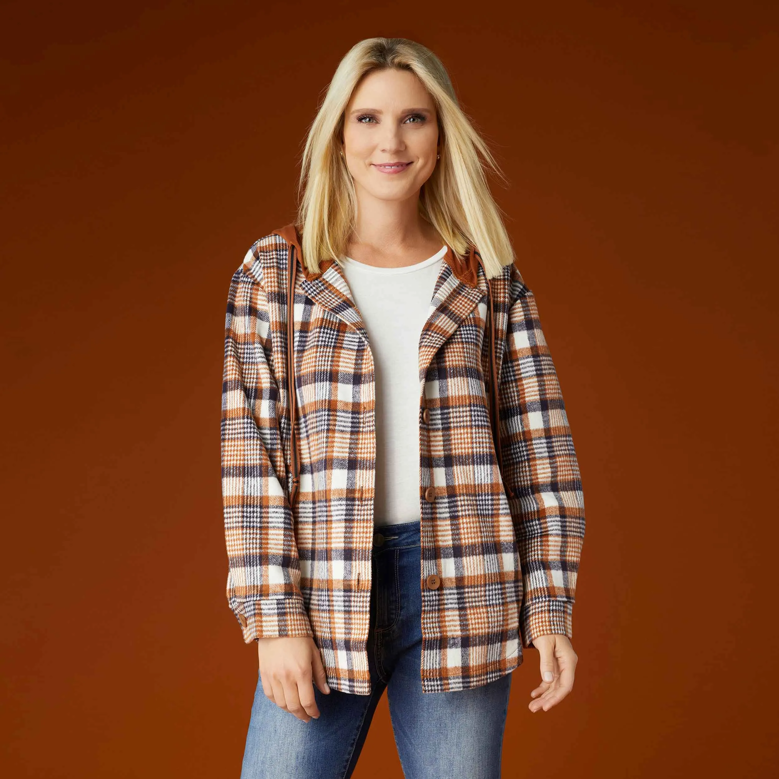 Frieda Button Front Hooded Shacket with Pockets - Rust/Navy Plaid - Final Sale