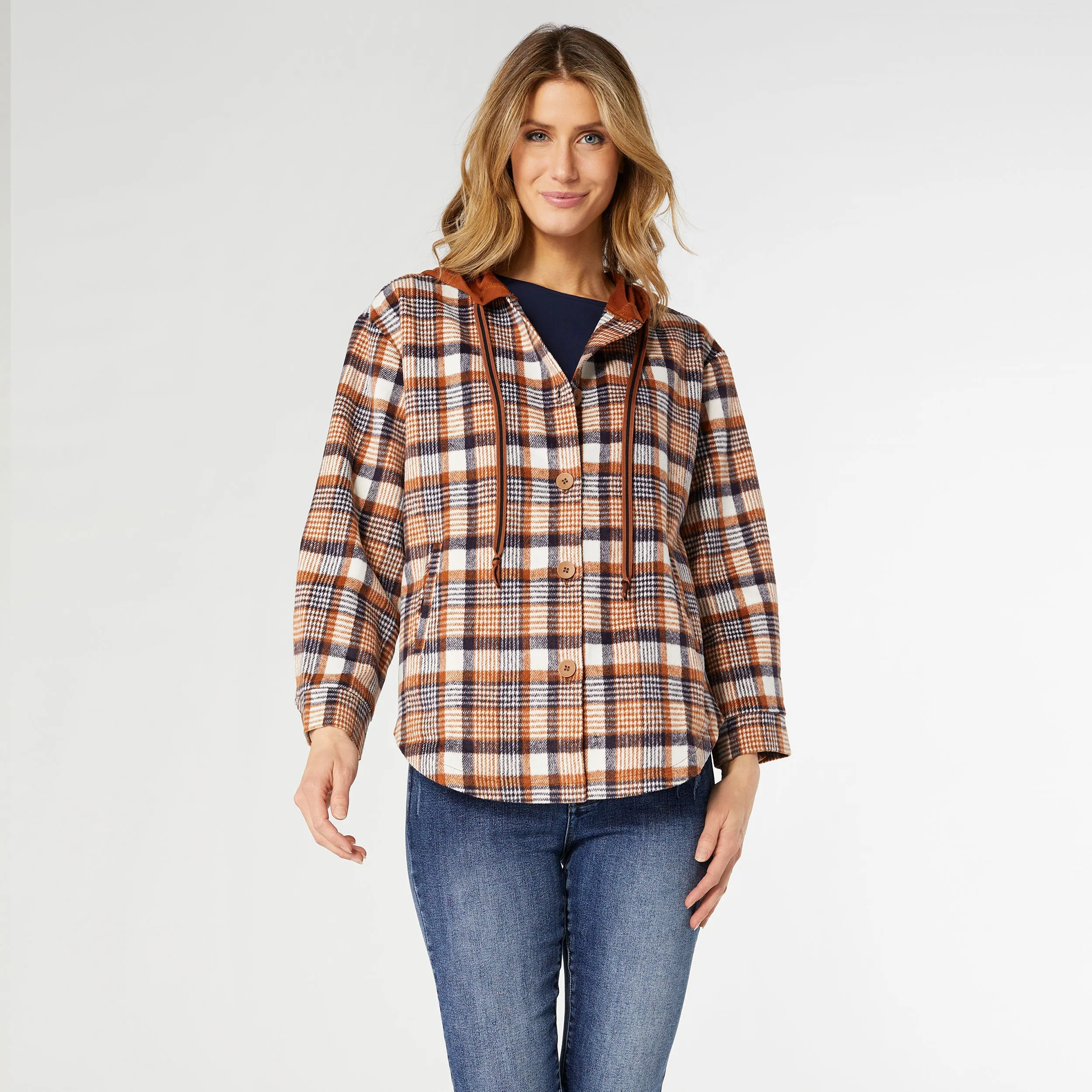 Frieda Button Front Hooded Shacket with Pockets - Rust/Navy Plaid - Final Sale