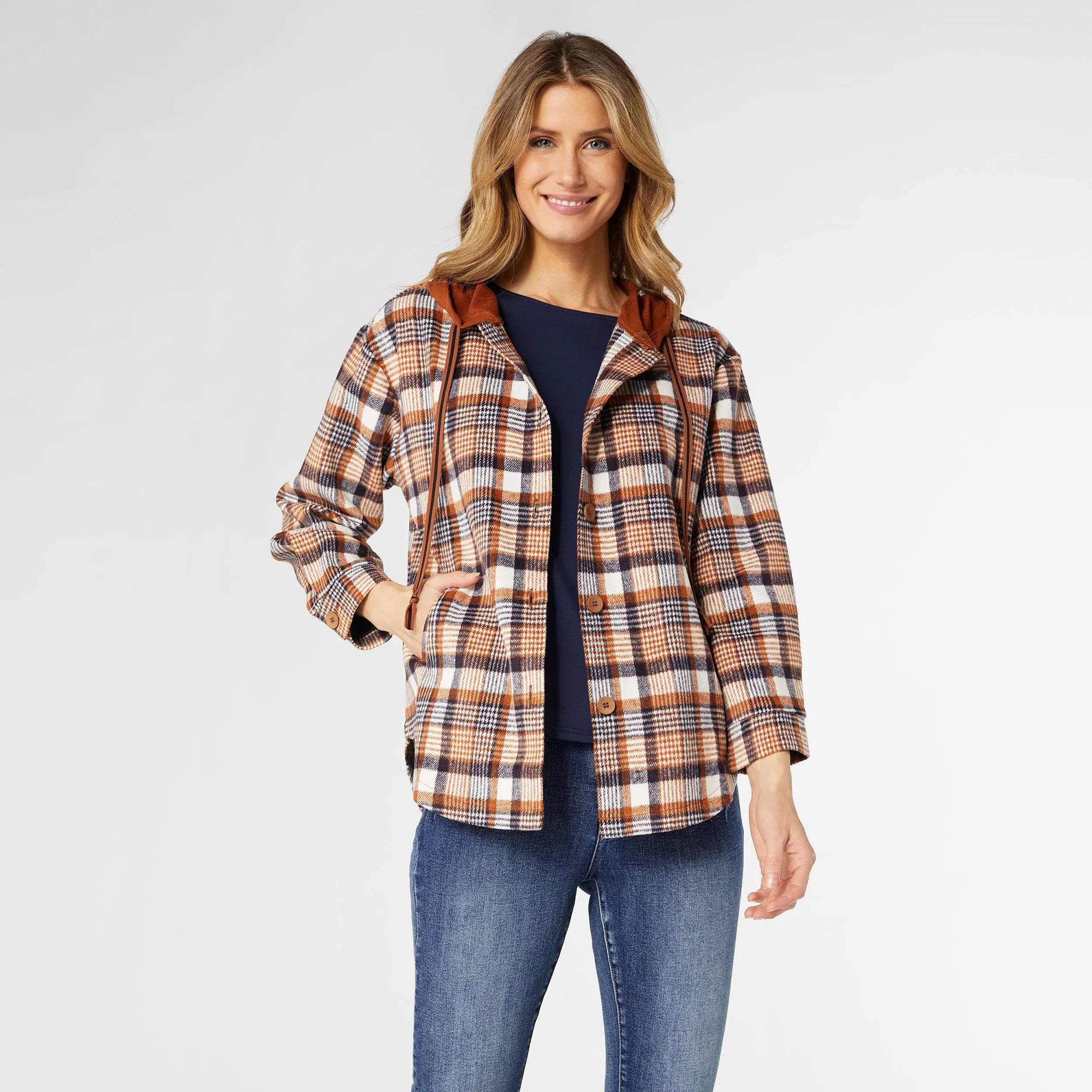 Frieda Button Front Hooded Shacket with Pockets - Rust/Navy Plaid - Final Sale