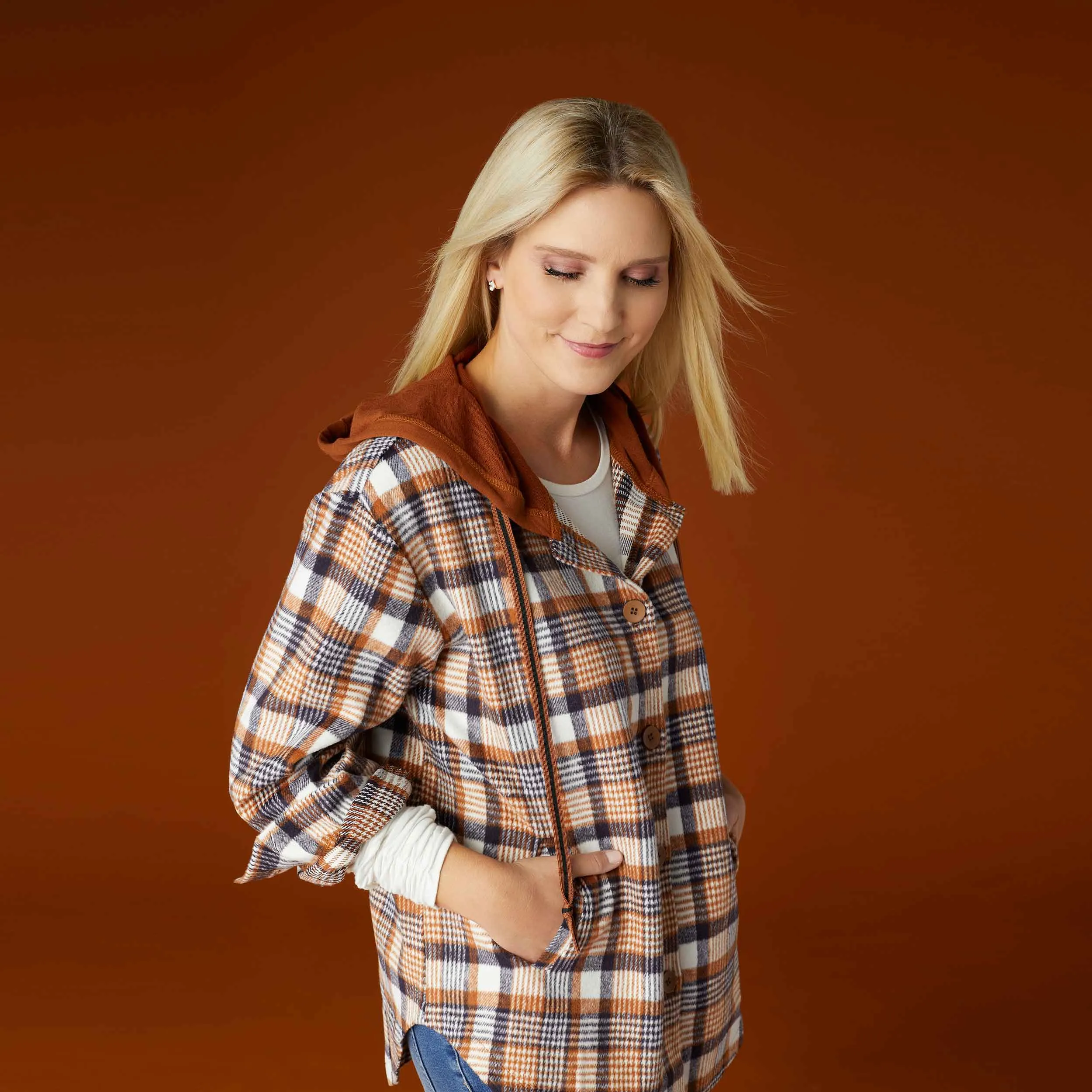 Frieda Button Front Hooded Shacket with Pockets - Rust/Navy Plaid - Final Sale