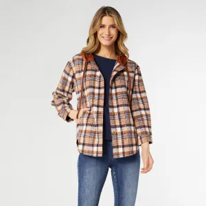 Frieda Button Front Hooded Shacket with Pockets - Rust/Navy Plaid - Final Sale