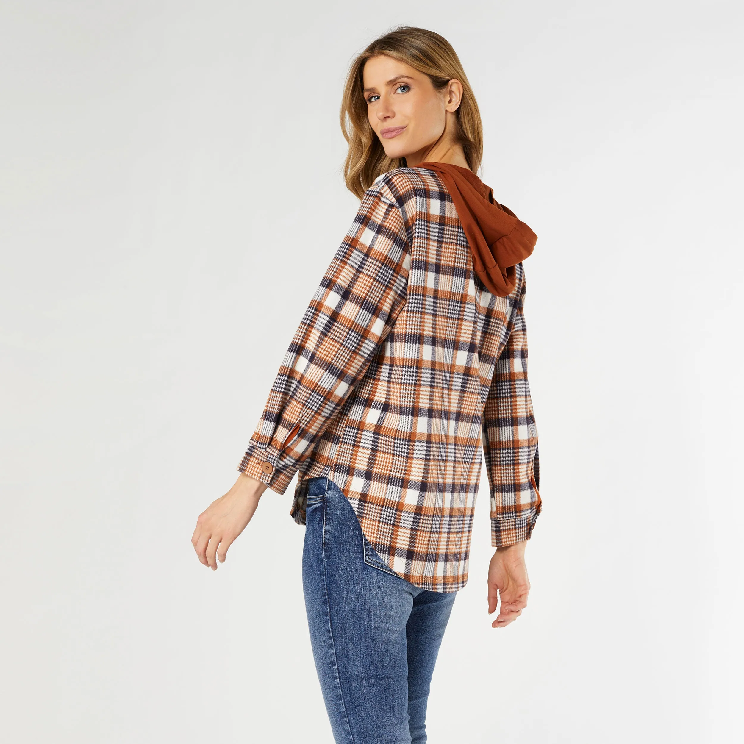 Frieda Button Front Hooded Shacket with Pockets - Rust/Navy Plaid - Final Sale