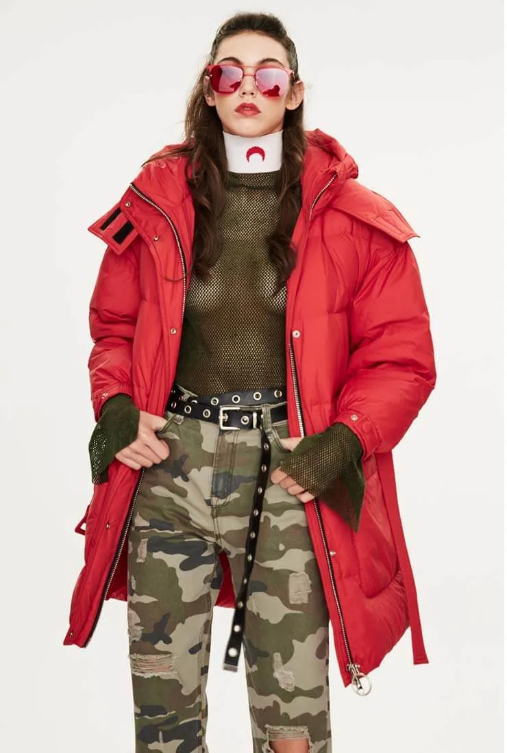 Hooded Belted Down Puffer Long Warm Jacket