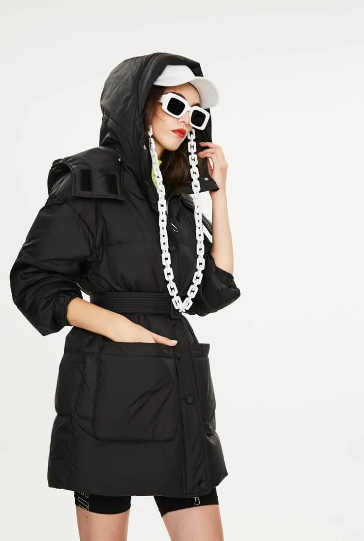 Hooded Belted Down Puffer Long Warm Jacket