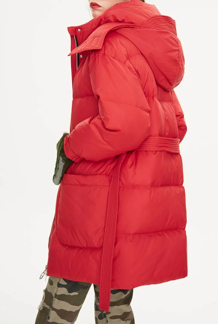 Hooded Belted Down Puffer Long Warm Jacket