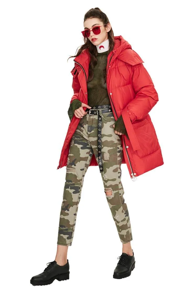 Hooded Belted Down Puffer Long Warm Jacket