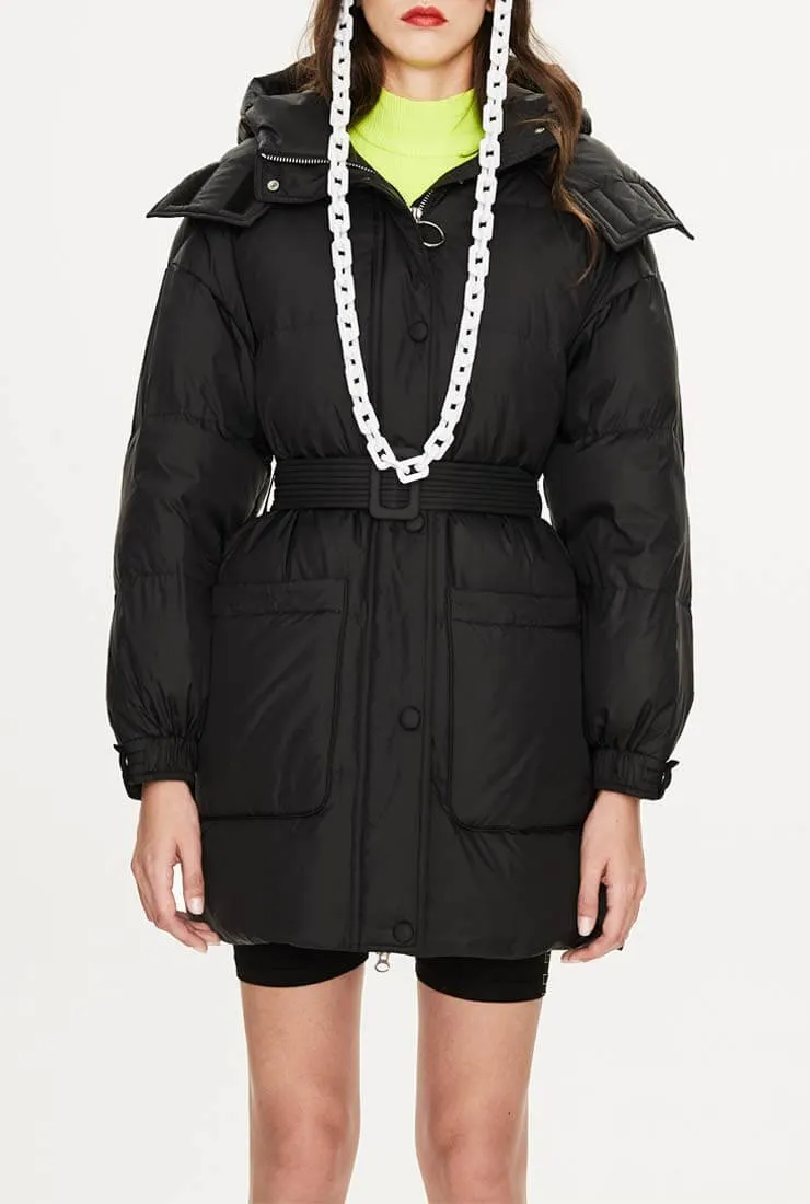 Hooded Belted Down Puffer Long Warm Jacket