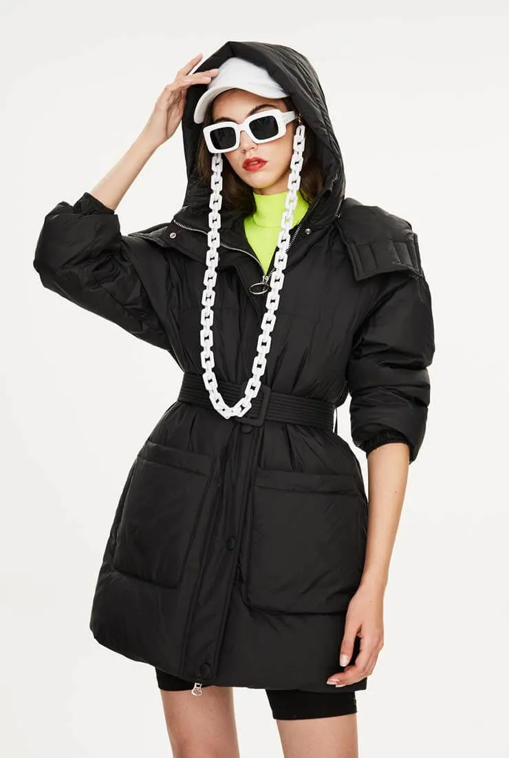 Hooded Belted Down Puffer Long Warm Jacket