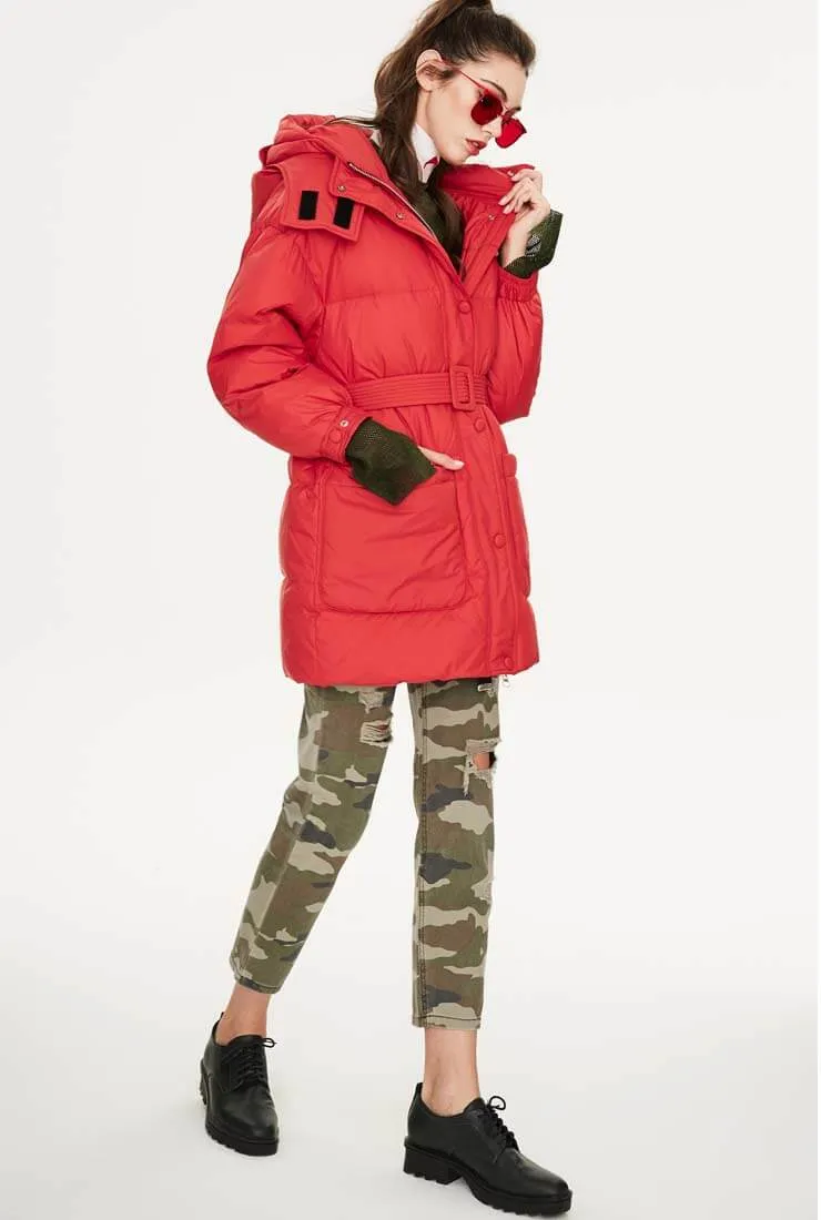 Hooded Belted Down Puffer Long Warm Jacket