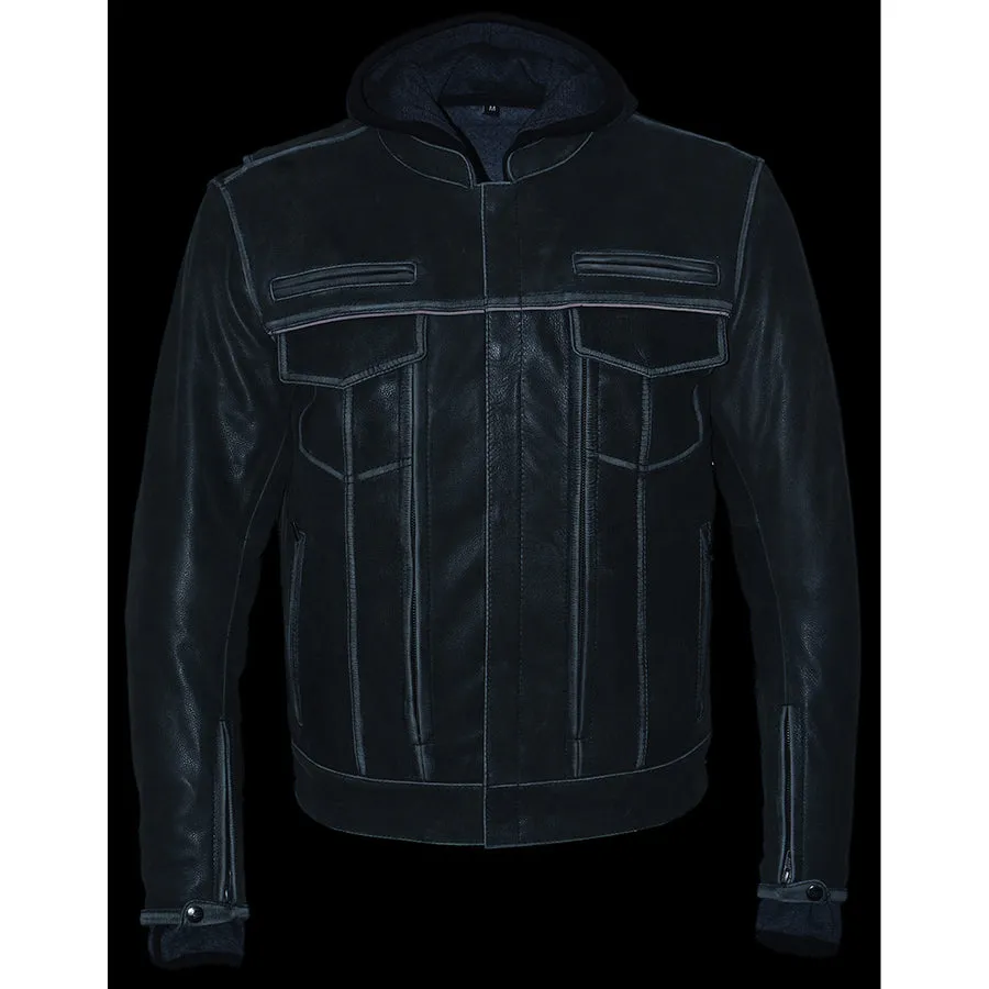 Men’s Distressed Grey Leather Utility Pocket Vented Jacket w/ Full Sleeve with Hoodie