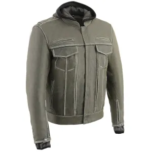 Men’s Distressed Grey Leather Utility Pocket Vented Jacket w/ Full Sleeve with Hoodie