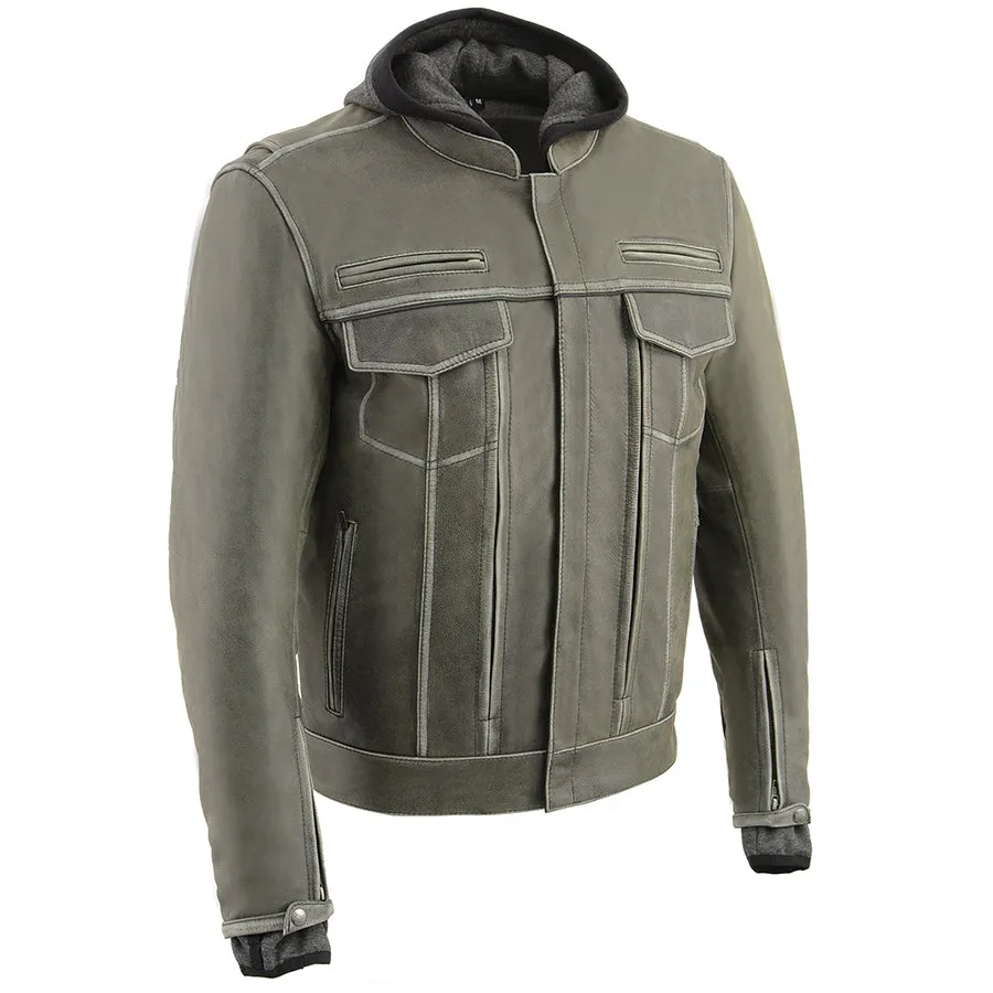 Men’s Distressed Grey Leather Utility Pocket Vented Jacket w/ Full Sleeve with Hoodie
