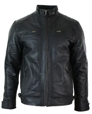 Mens Fitted Black Real Leather Biker Jacket Zipped Vintage Smart Casual Coat