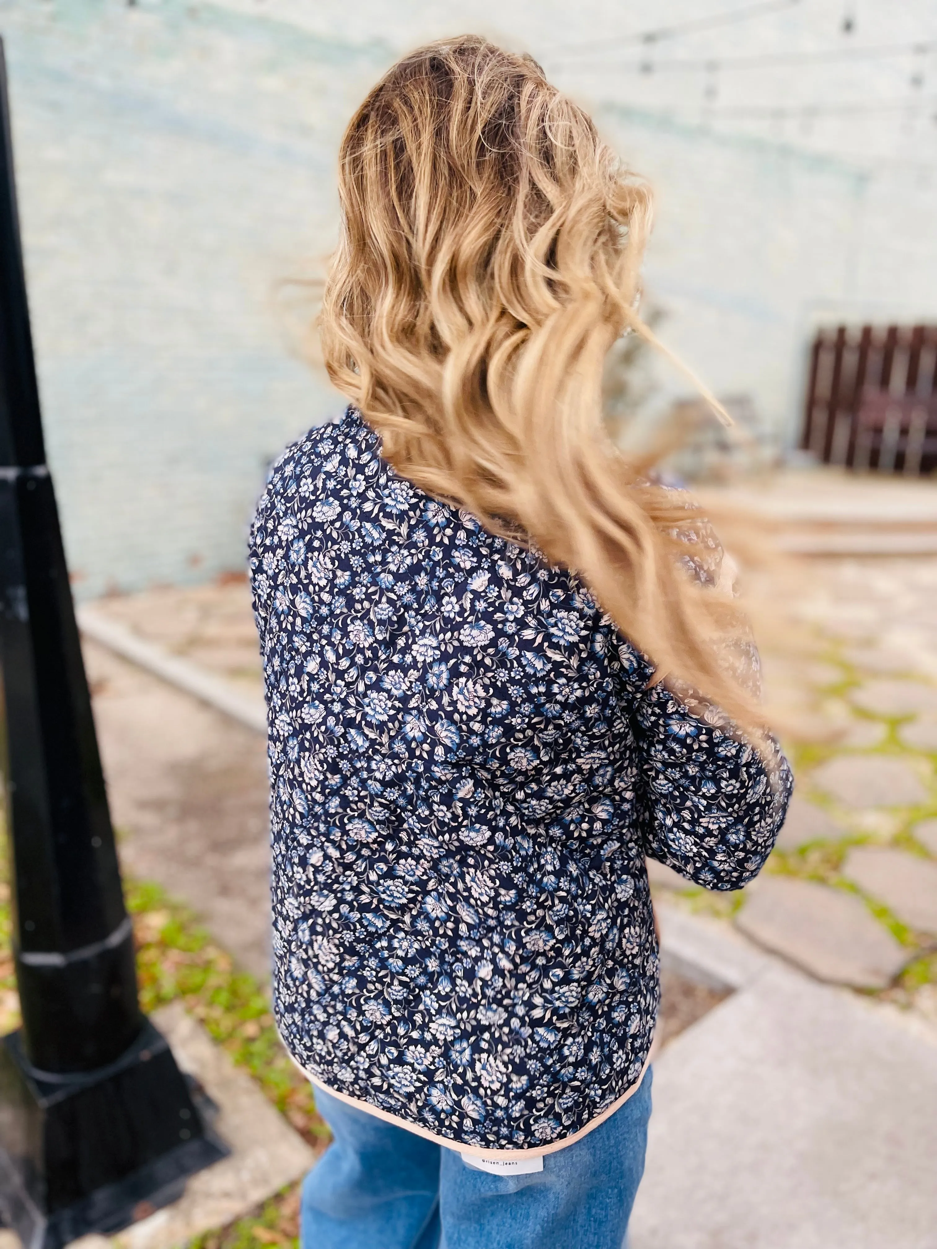Navy Cotton Floral Print Quilted Jacket