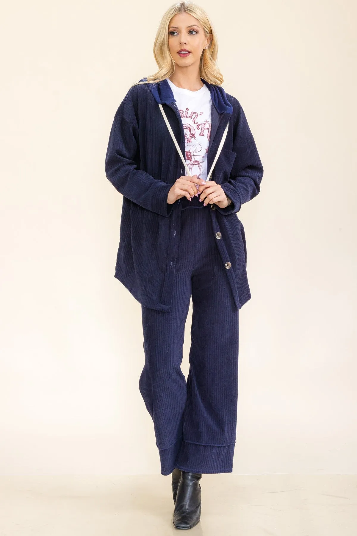 Navy Soft Corduroy Hooded Shacket