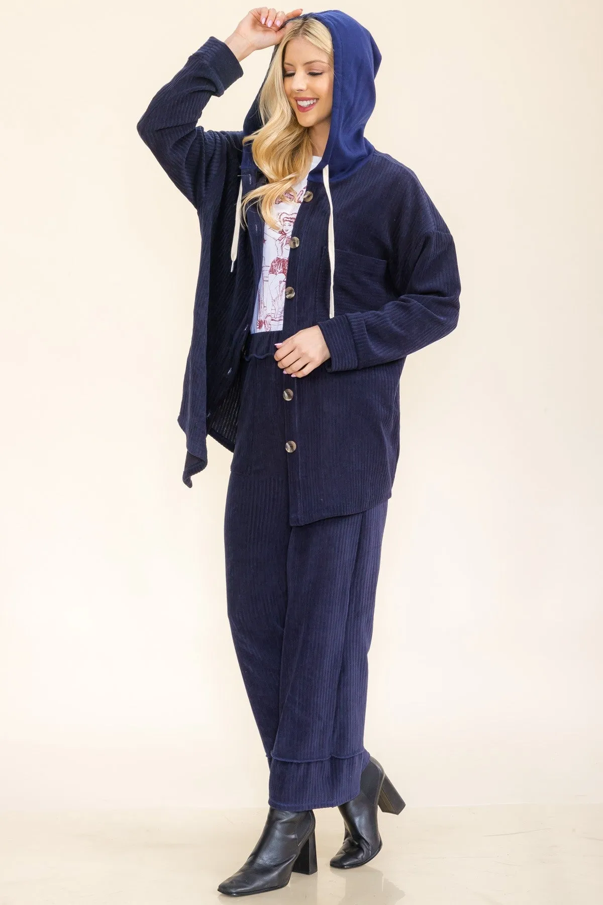 Navy Soft Corduroy Hooded Shacket