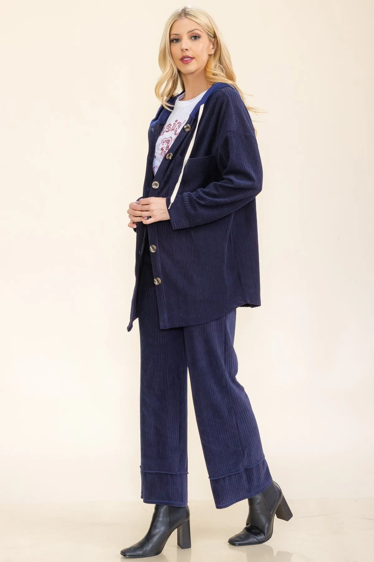 Navy Soft Corduroy Hooded Shacket