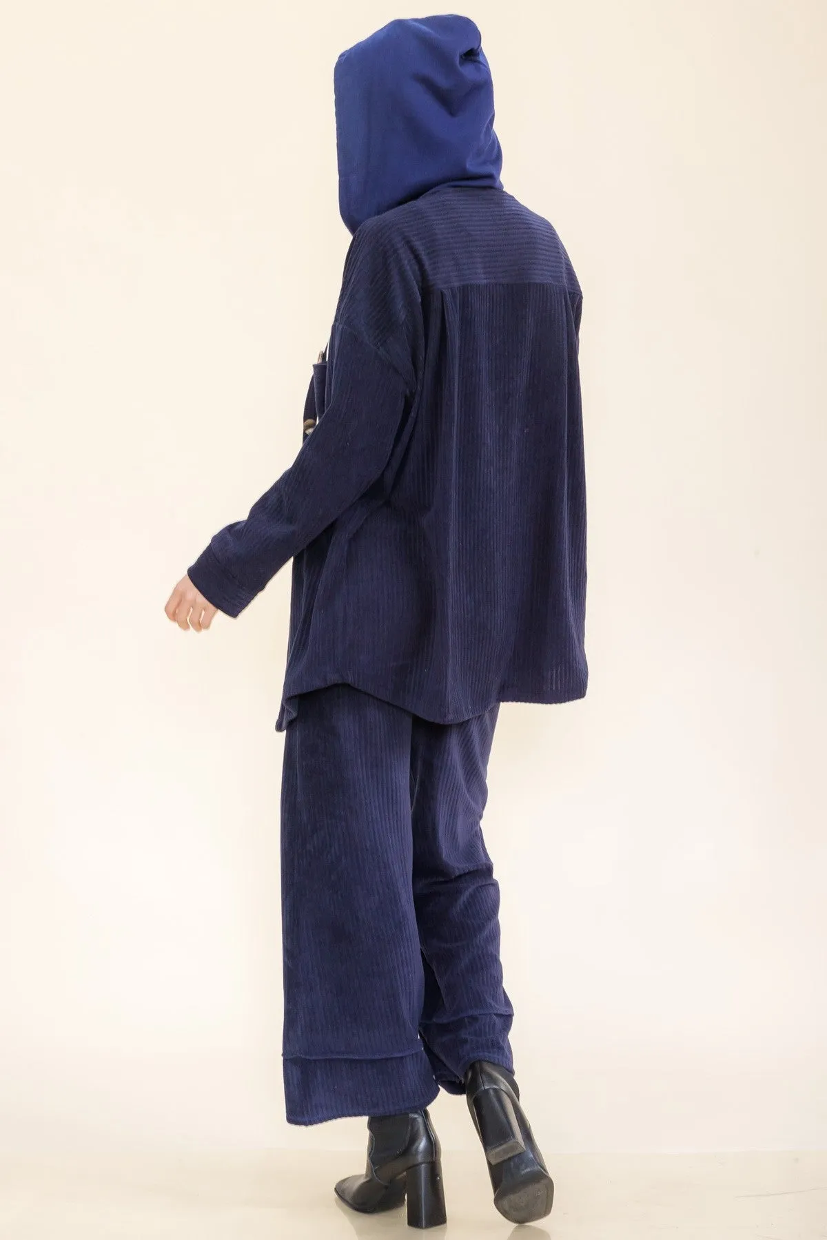 Navy Soft Corduroy Hooded Shacket