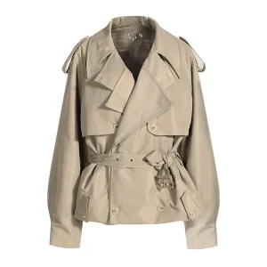 Oversized Folded Lapel Double Breasted Belted Cotton Twill Short Trench Coat