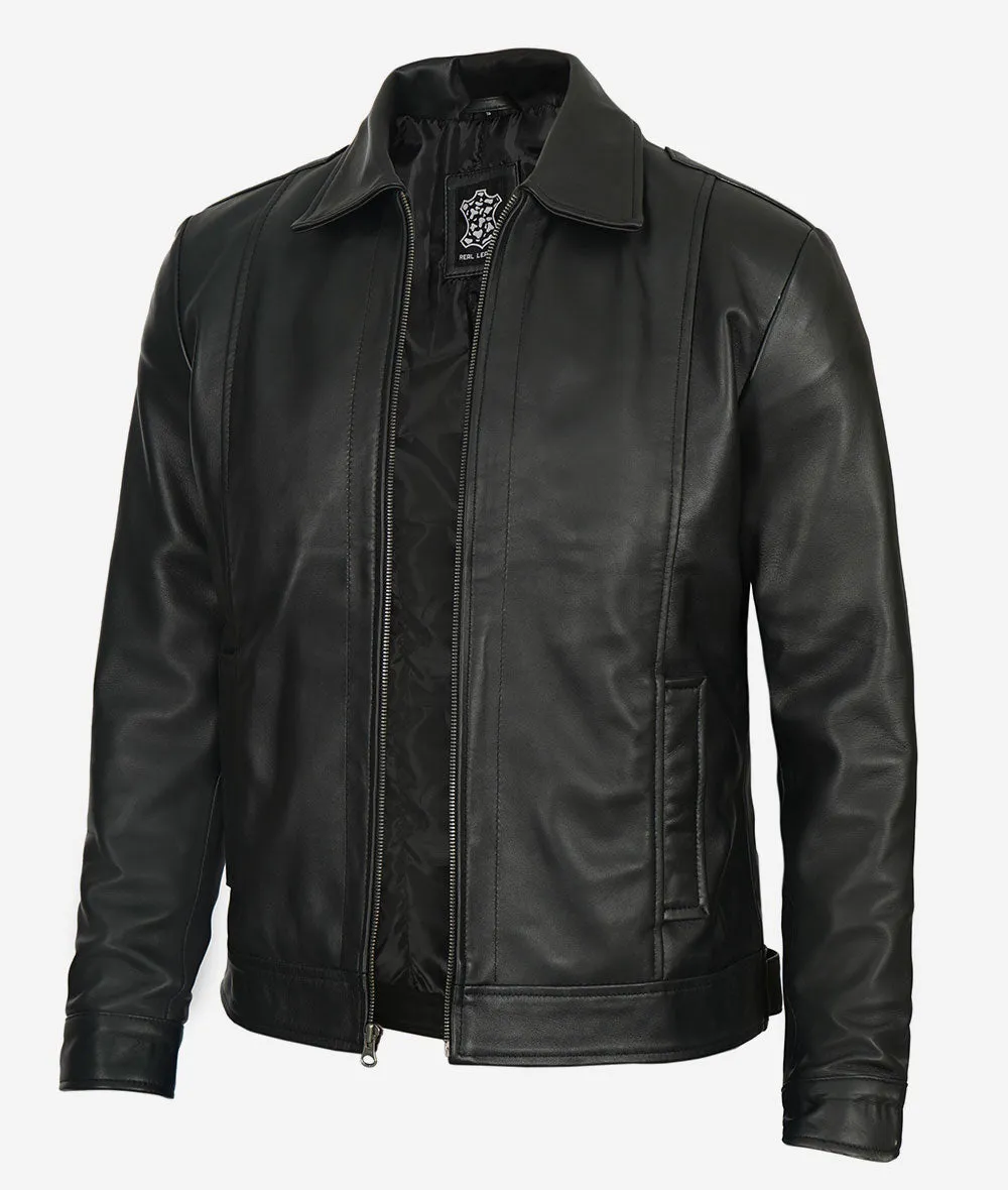 Reeves Black Shirt Collar Vintage Black Leather Jacket