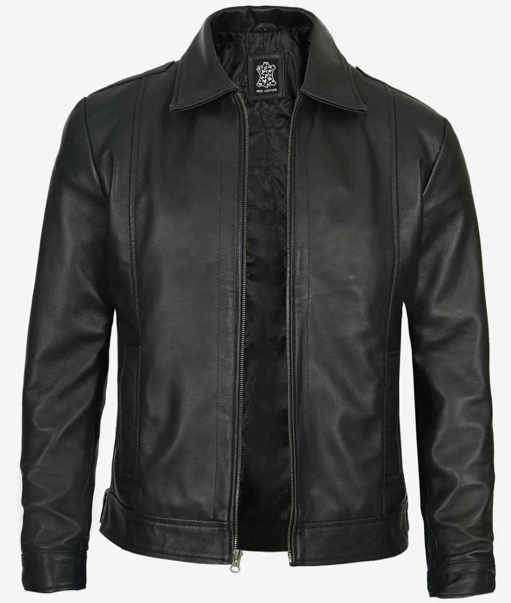 Reeves Black Shirt Collar Vintage Black Leather Jacket