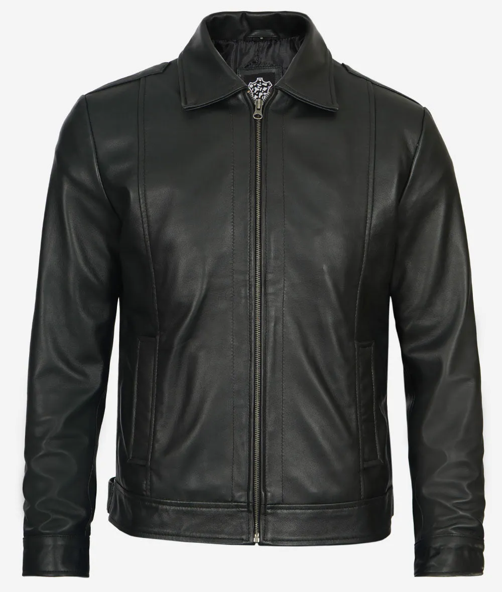Reeves Black Shirt Collar Vintage Black Leather Jacket