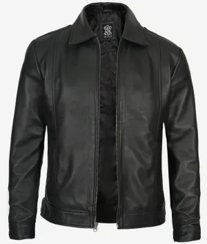 Reeves Black Shirt Collar Vintage Black Leather Jacket