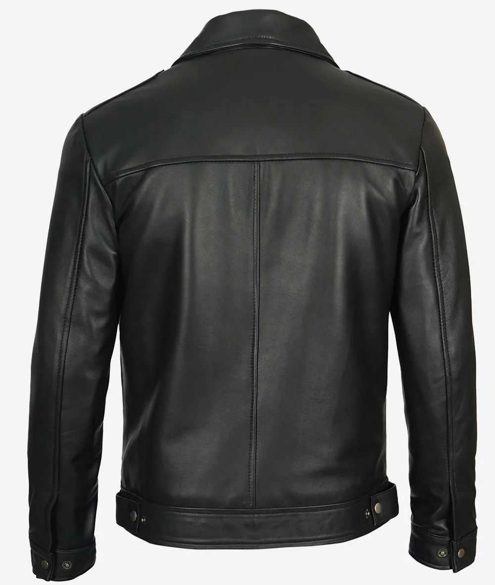 Reeves Black Shirt Collar Vintage Black Leather Jacket