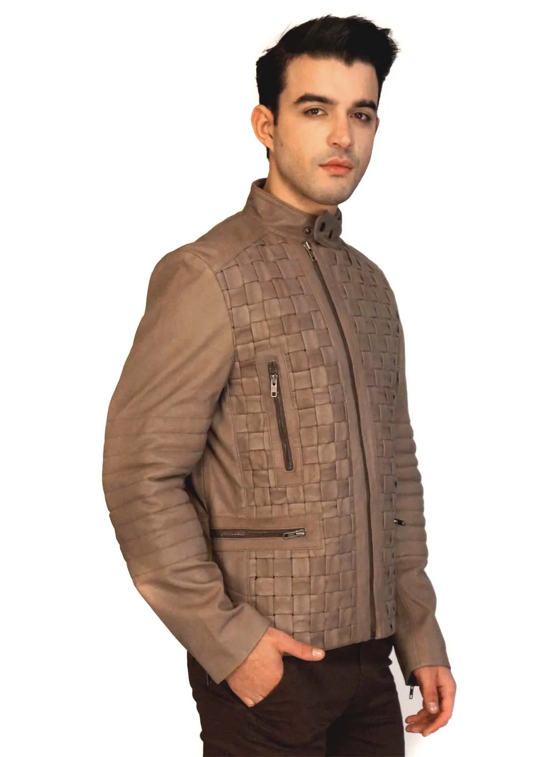 Valen Designer Men MotorBiker Woven Leather Jacket
