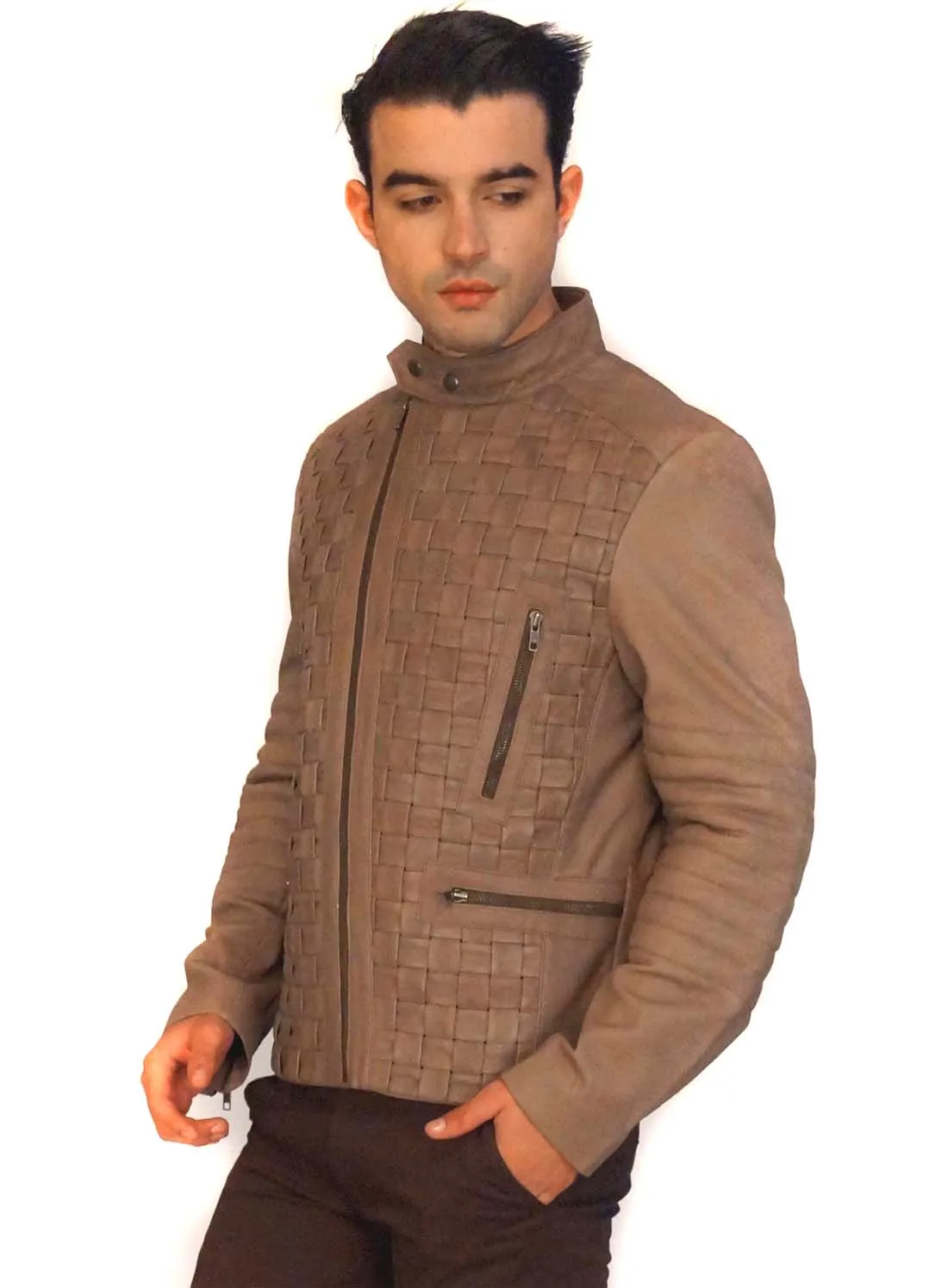 Valen Designer Men MotorBiker Woven Leather Jacket
