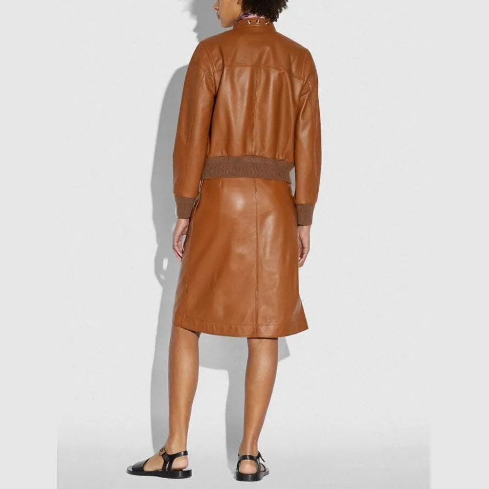 Women's Brown Lambskin Bomber Biker Leather Jacket