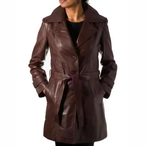 Women's Chocolate Brown Genuine Leather Trench Coat